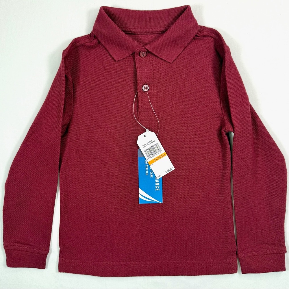 NWT NAUTICA Boys’ Burgundy Double Pique Long Sleeve Polo Shirt Academia Size S